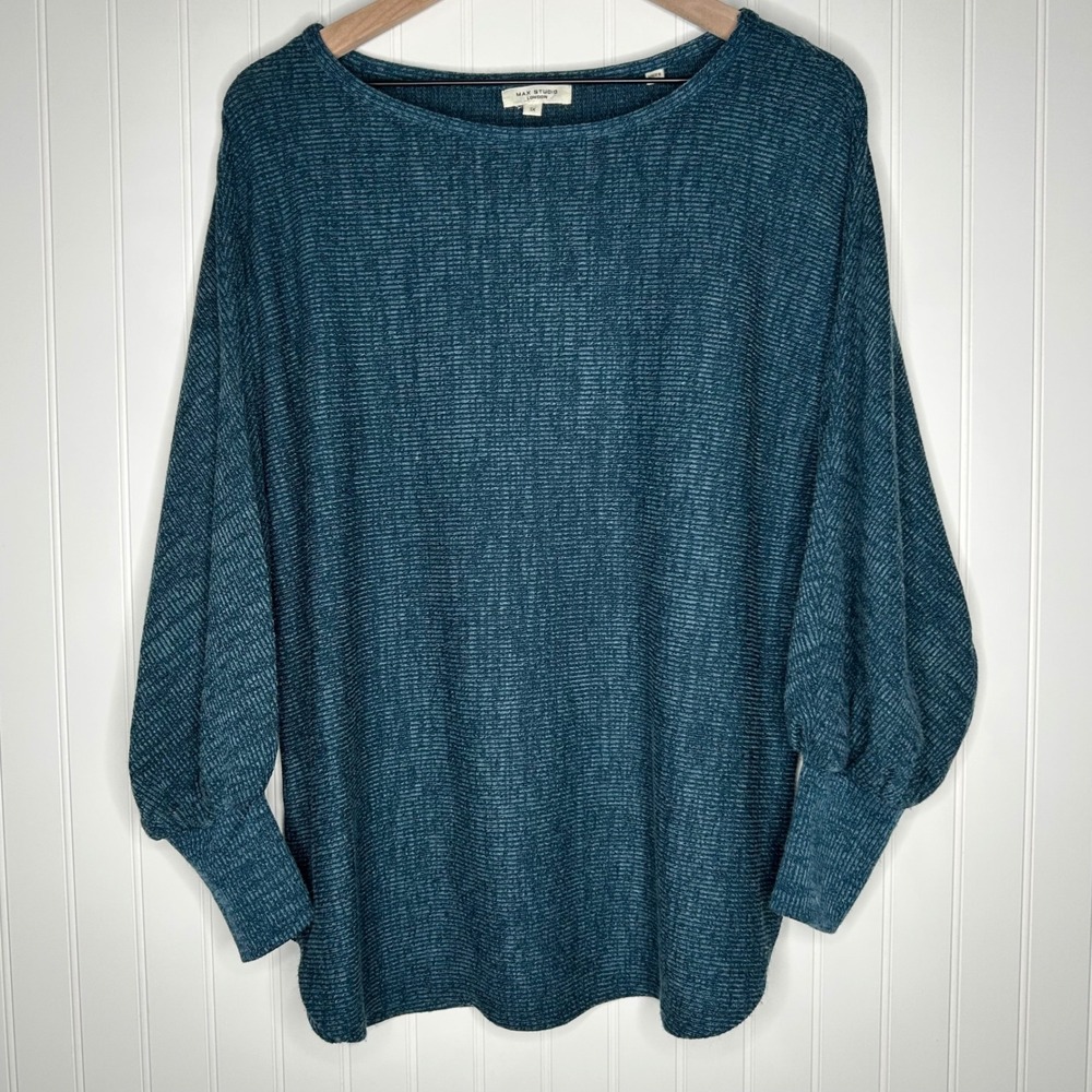 Max Studio London Teal Blue Knit Balloon Sleeve Top 1X